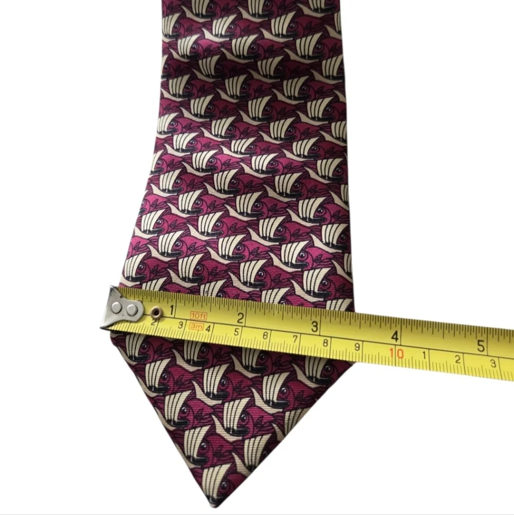 Boxtree Company 100% Silk Tie Fish Nautical Boats Made USA Novelty Burgundy Bold